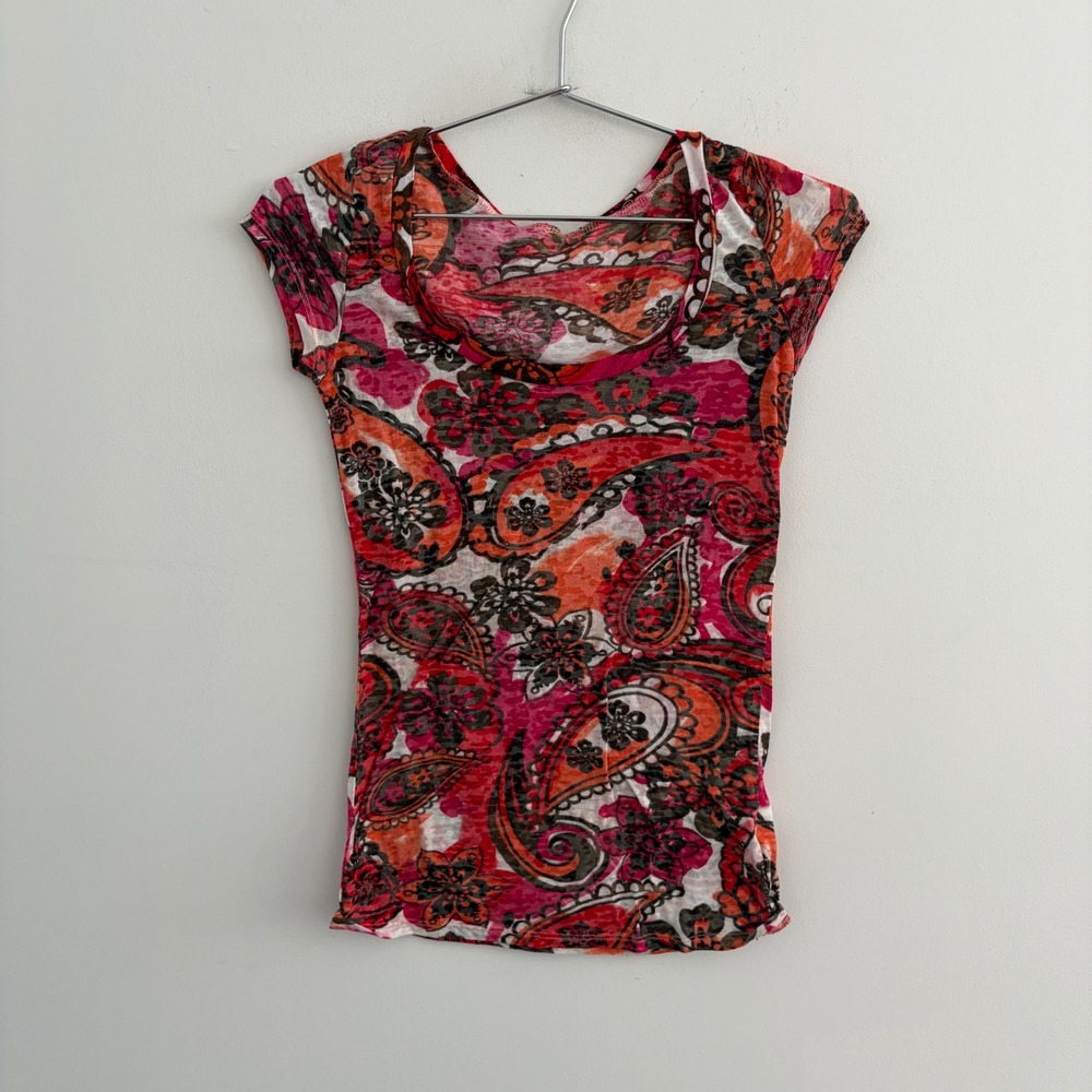 rue21 Womens Pink Orange Paisley Cap Sleeve Scoop Neck Top Medium